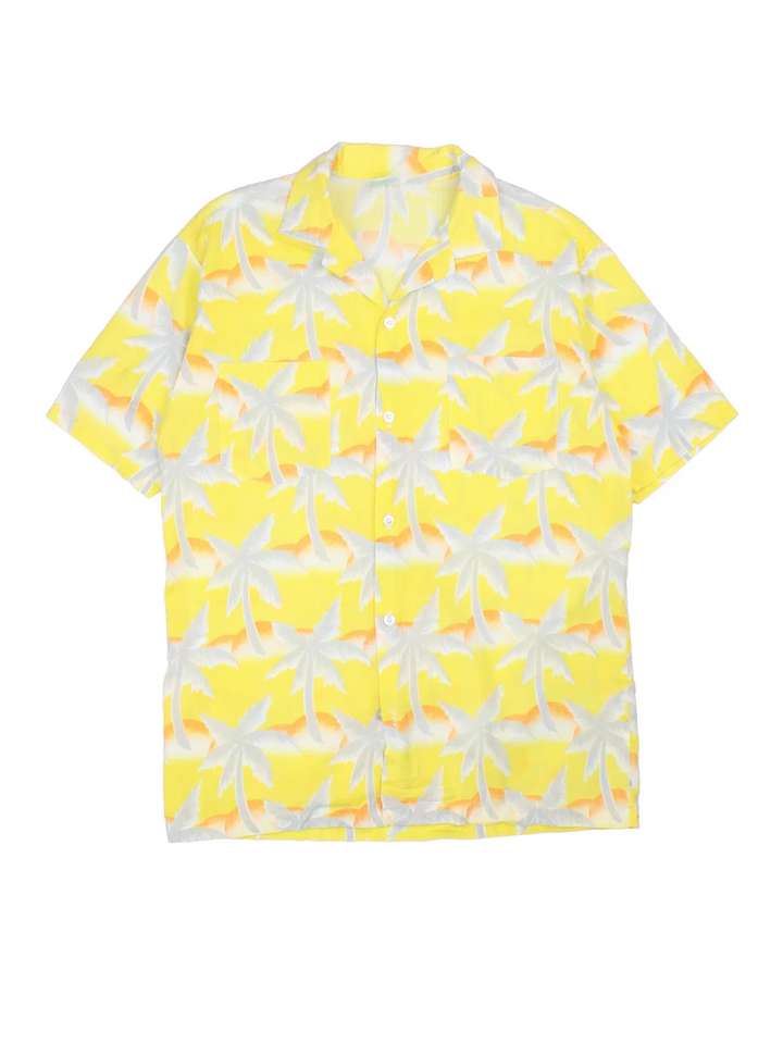 Vintage Tropicana Hawaiian Shirt in a yellow colourway with all over palm print. Button up and has front chest pockets.