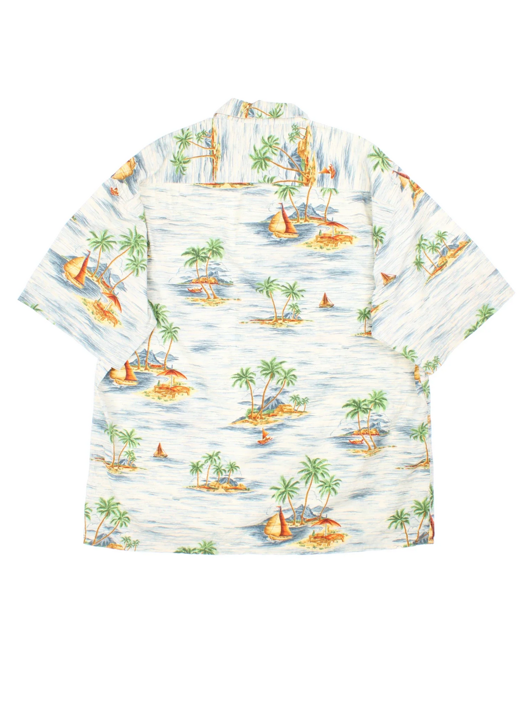Vintage Pierre Cardin Shirt in a white/blue colourway with all over Hawaiian print. Button up and front chest pocket.