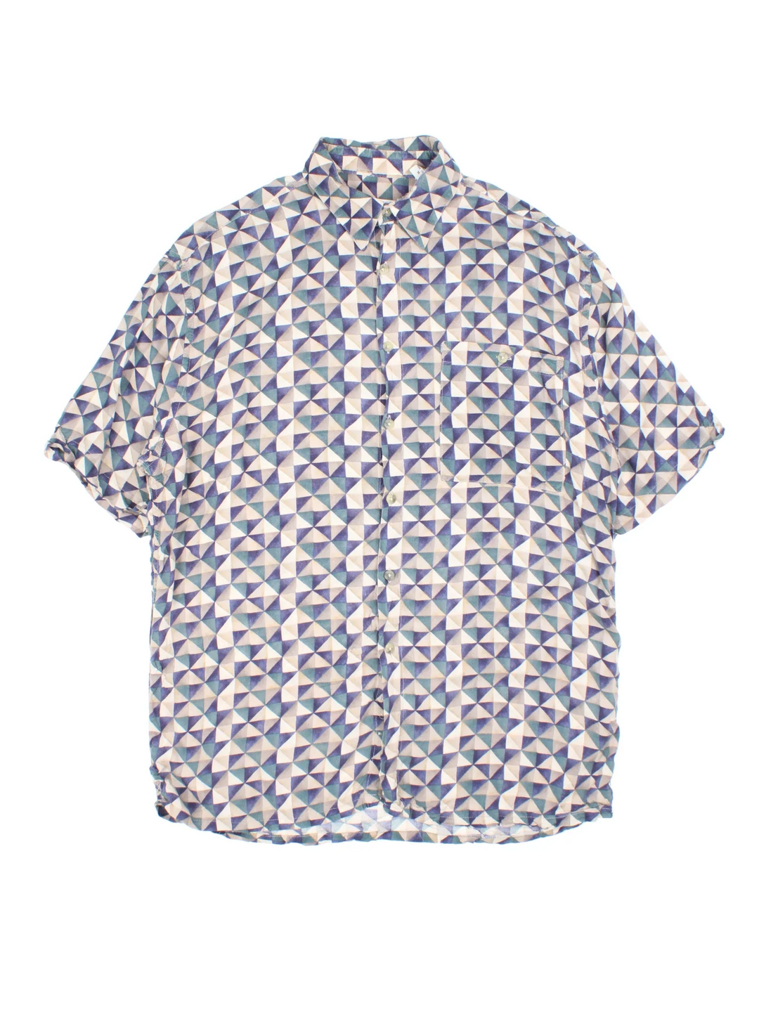 Vintage Pierre Cardin Shirt in a blue colourway with abstract pattern print all over. Button up with front pocket detail.