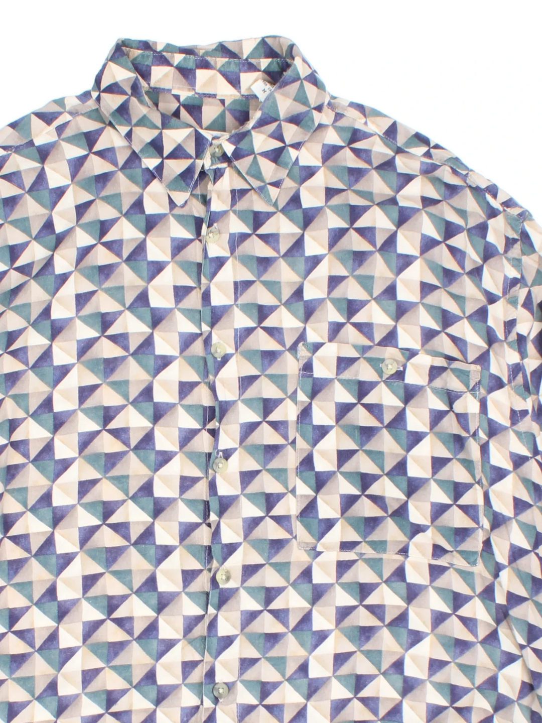 Vintage Pierre Cardin Shirt in a blue colourway with abstract pattern print all over. Button up with front pocket detail.