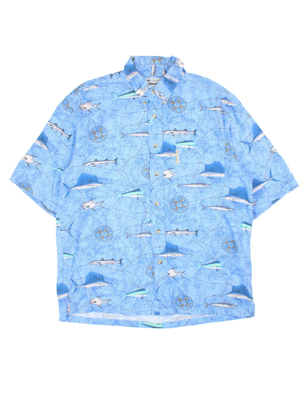 Columbia Fish Print Shirt in a blue colourway. Button up with front branded pocket detail.