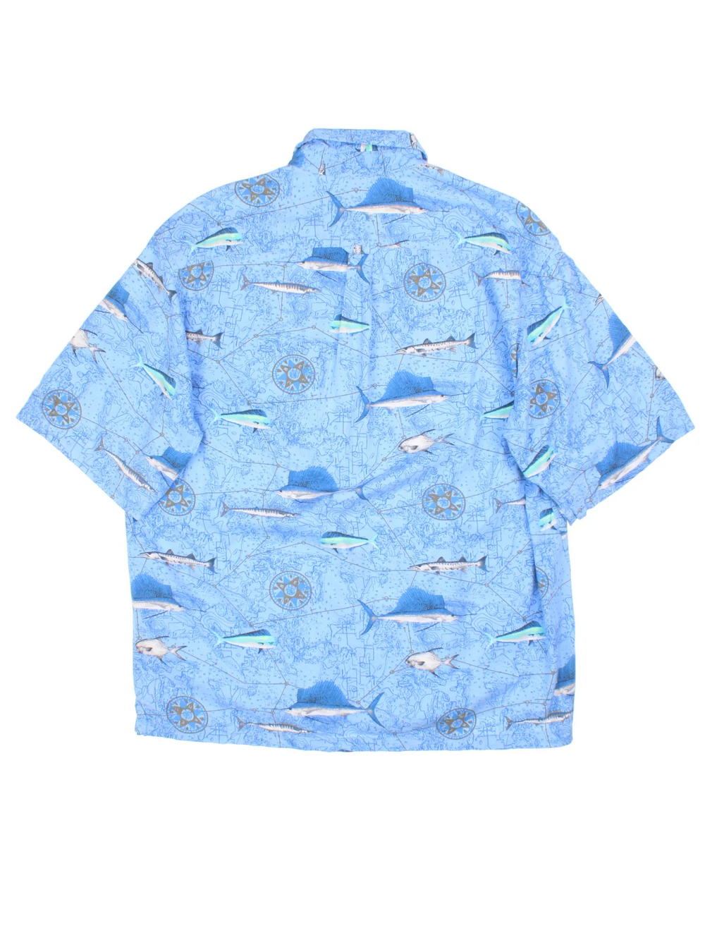 Columbia Fish Print Shirt in a blue colourway. Button up with front branded pocket detail.