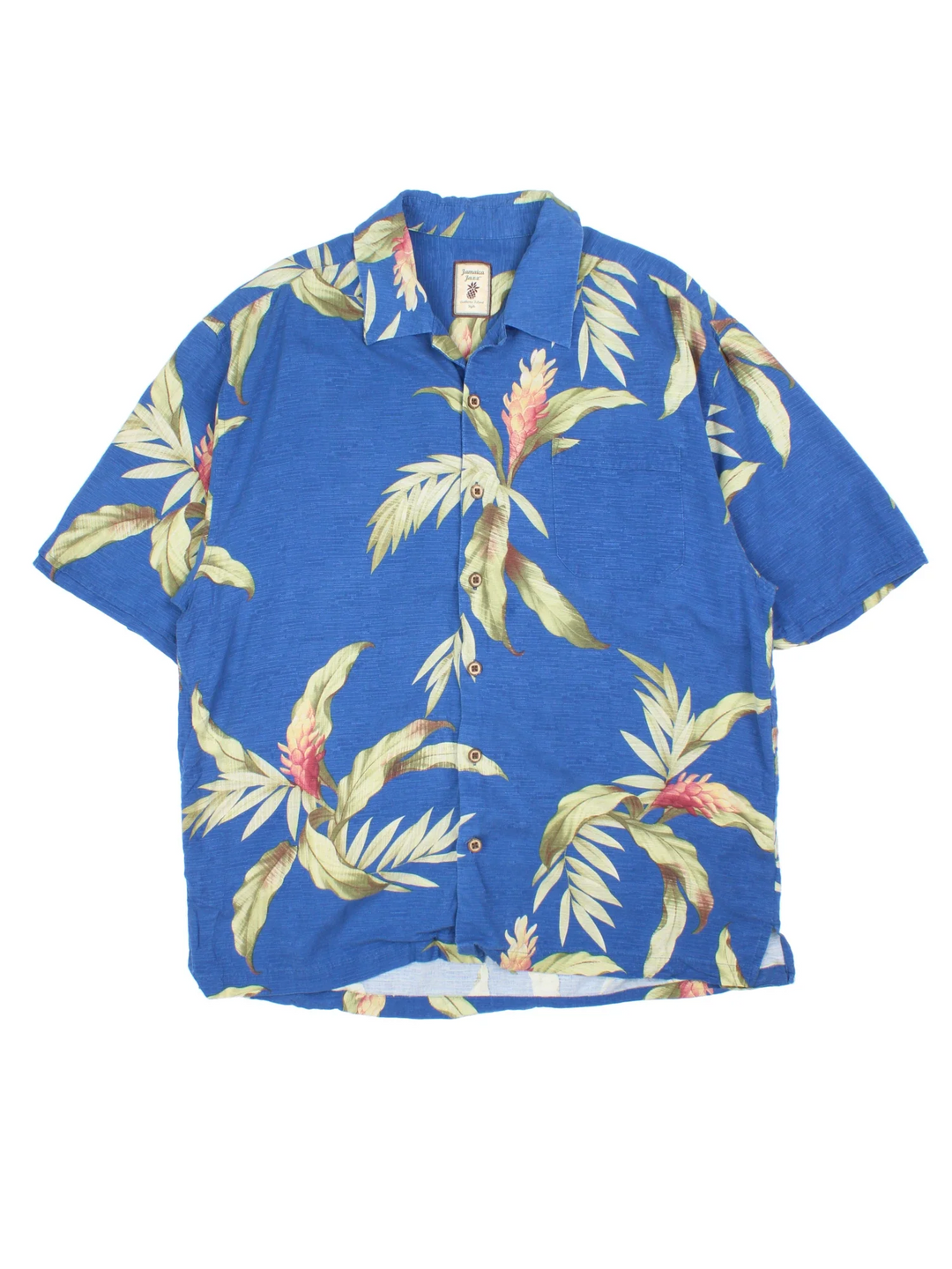 Vintage Hawaiian Shirt in a blue colourway with all over palm print. Button up with front pocket detail.