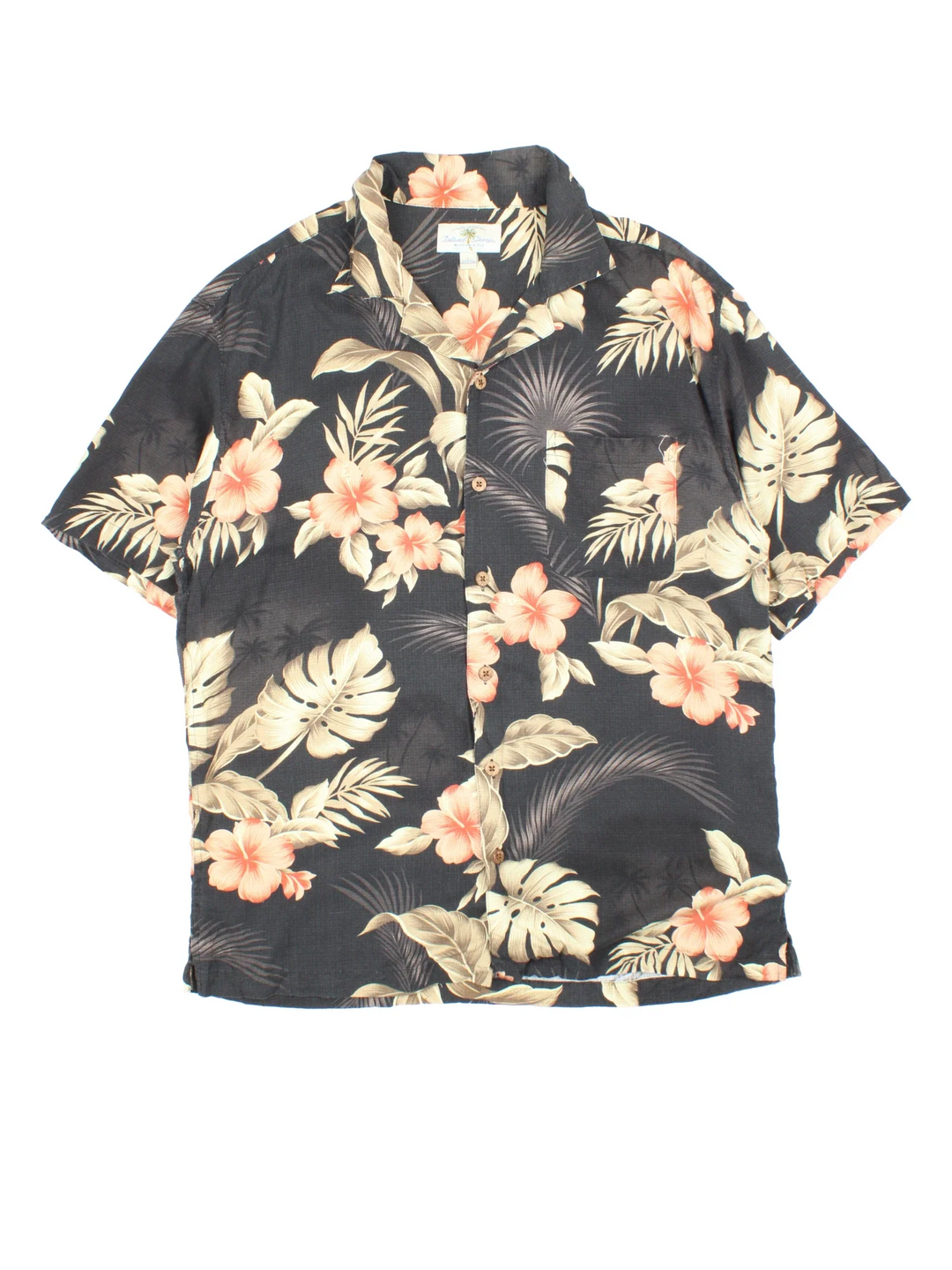 Vintage Hawaiian Shirt in a black colourway with all over leaf print. Button up with front chest pocket.