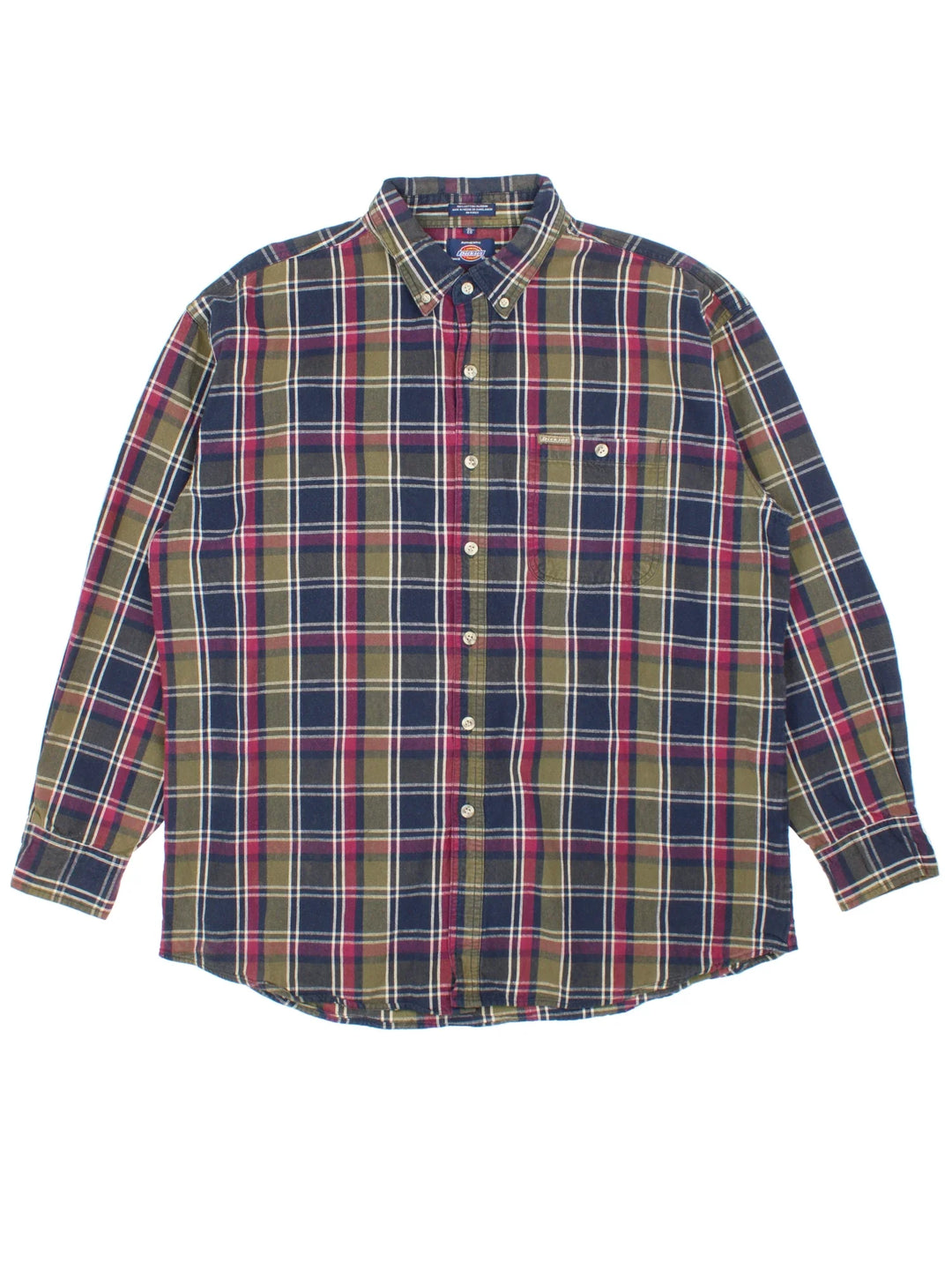 Dickies Shirt in a blue, green and red check pattern colourway, button up and has a chest pocket with the logo embroidered on the front.