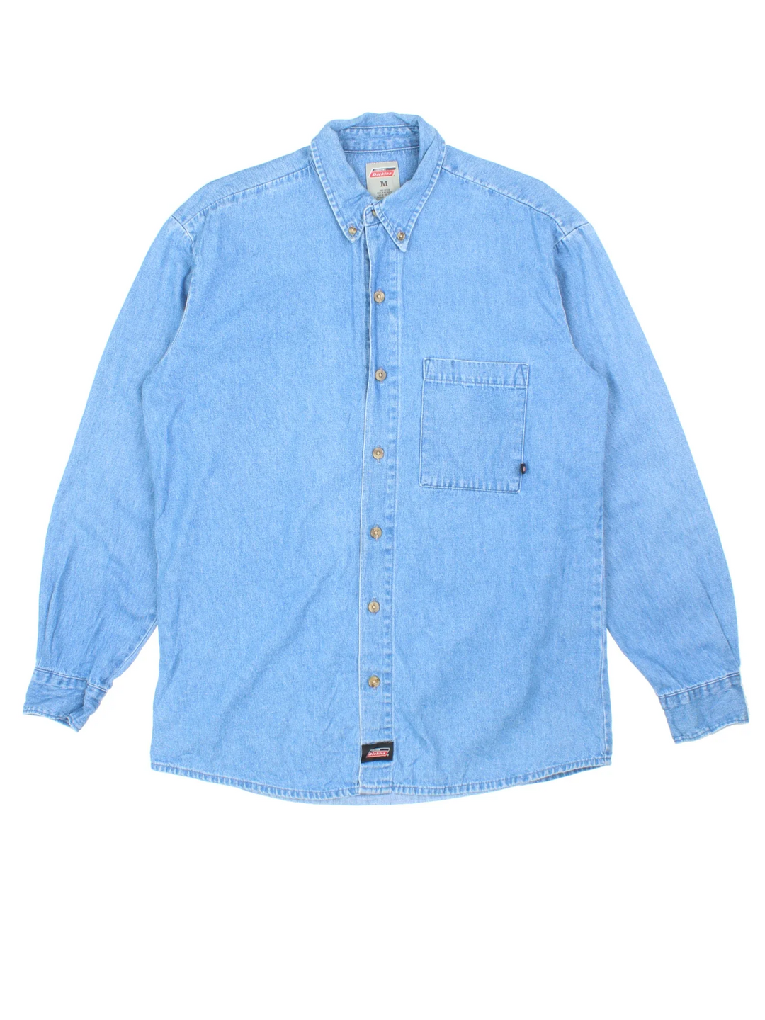 Dickies Denim Shirt in a blue colourway, button up and has a chest pocket with the logo embroidered on the front.