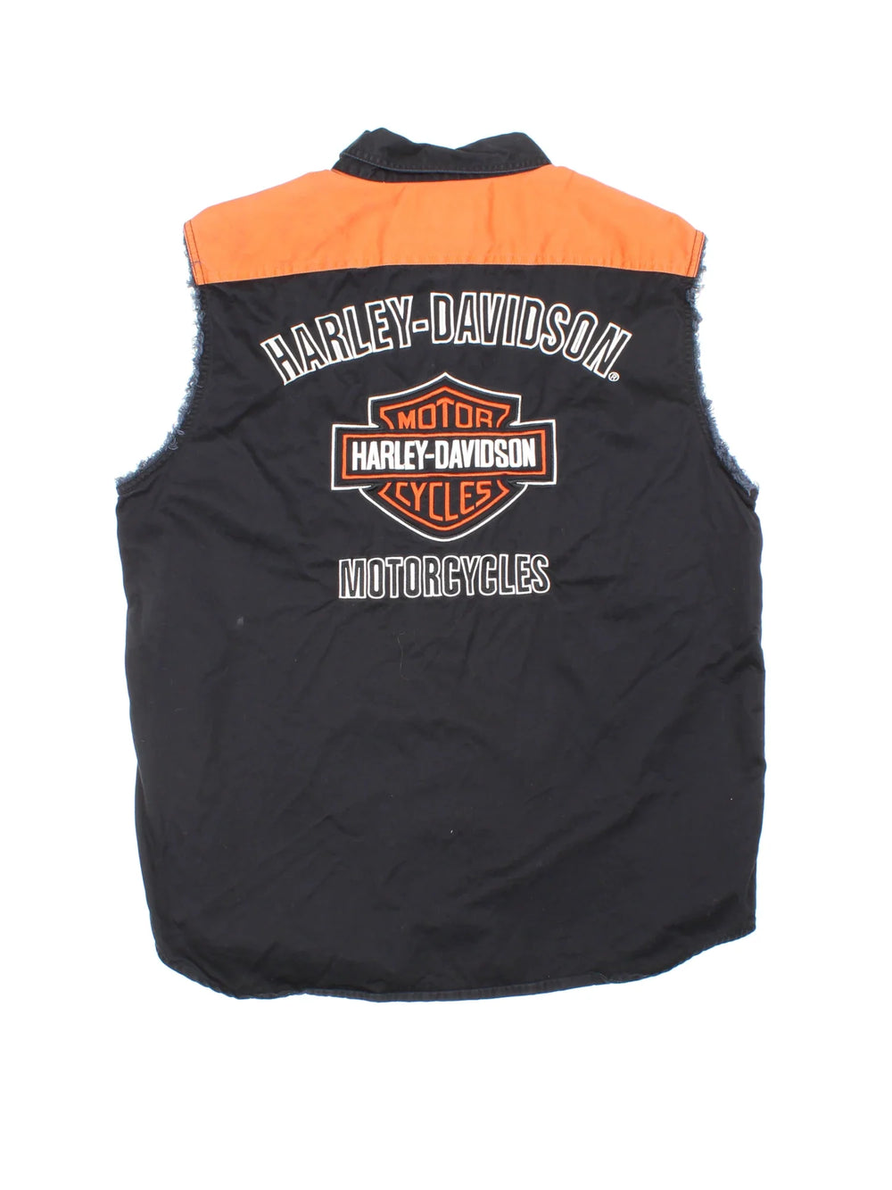 Harley-Davidson Shirt Vest in a black colourway, button up and has destressed cuffss, and the logo embroidered on the front and back.