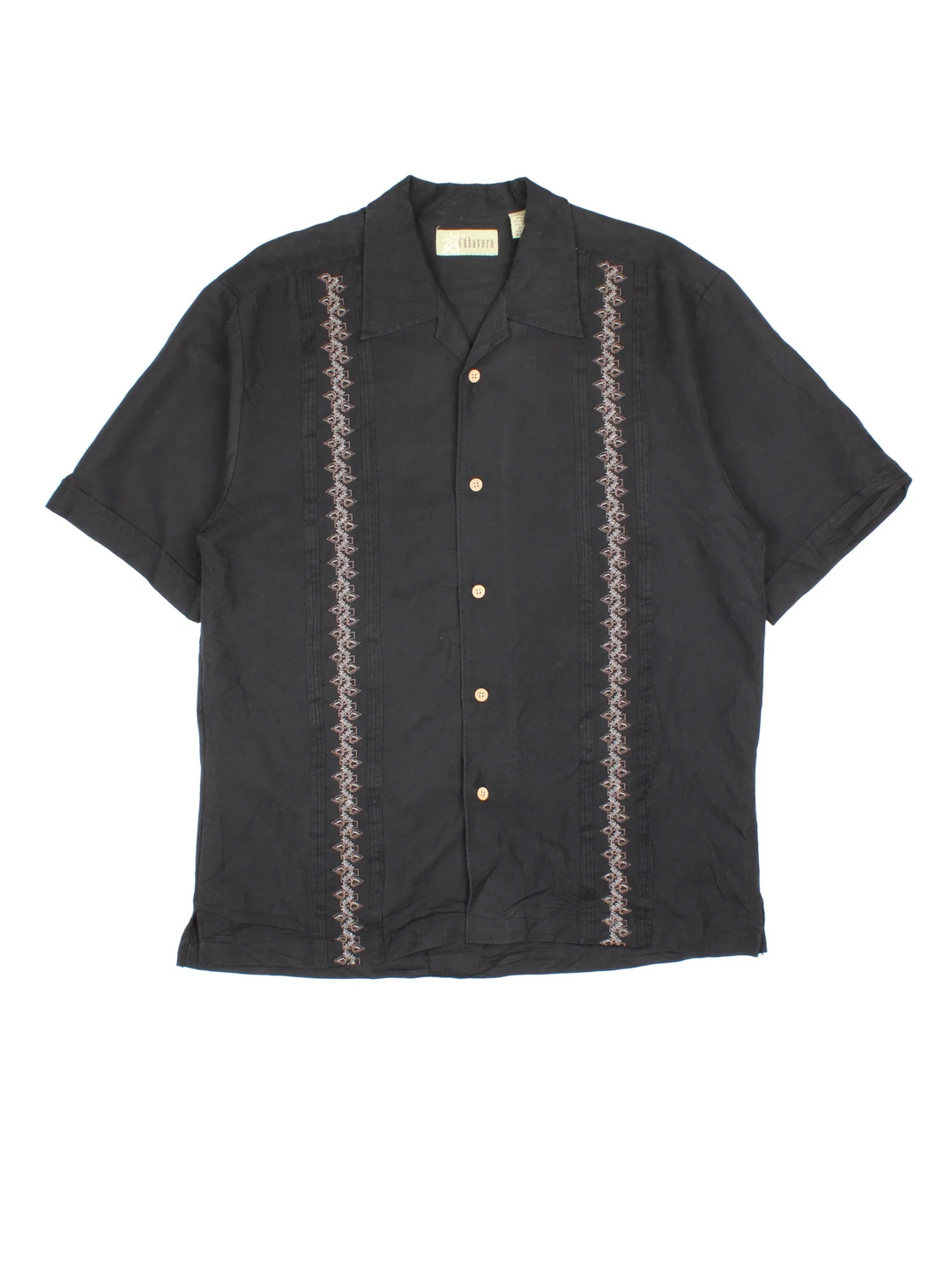 Vintage Cuban Shirt in a black colourway with embroidered floral pattern stripes down the front, and button up closure with camp collar.