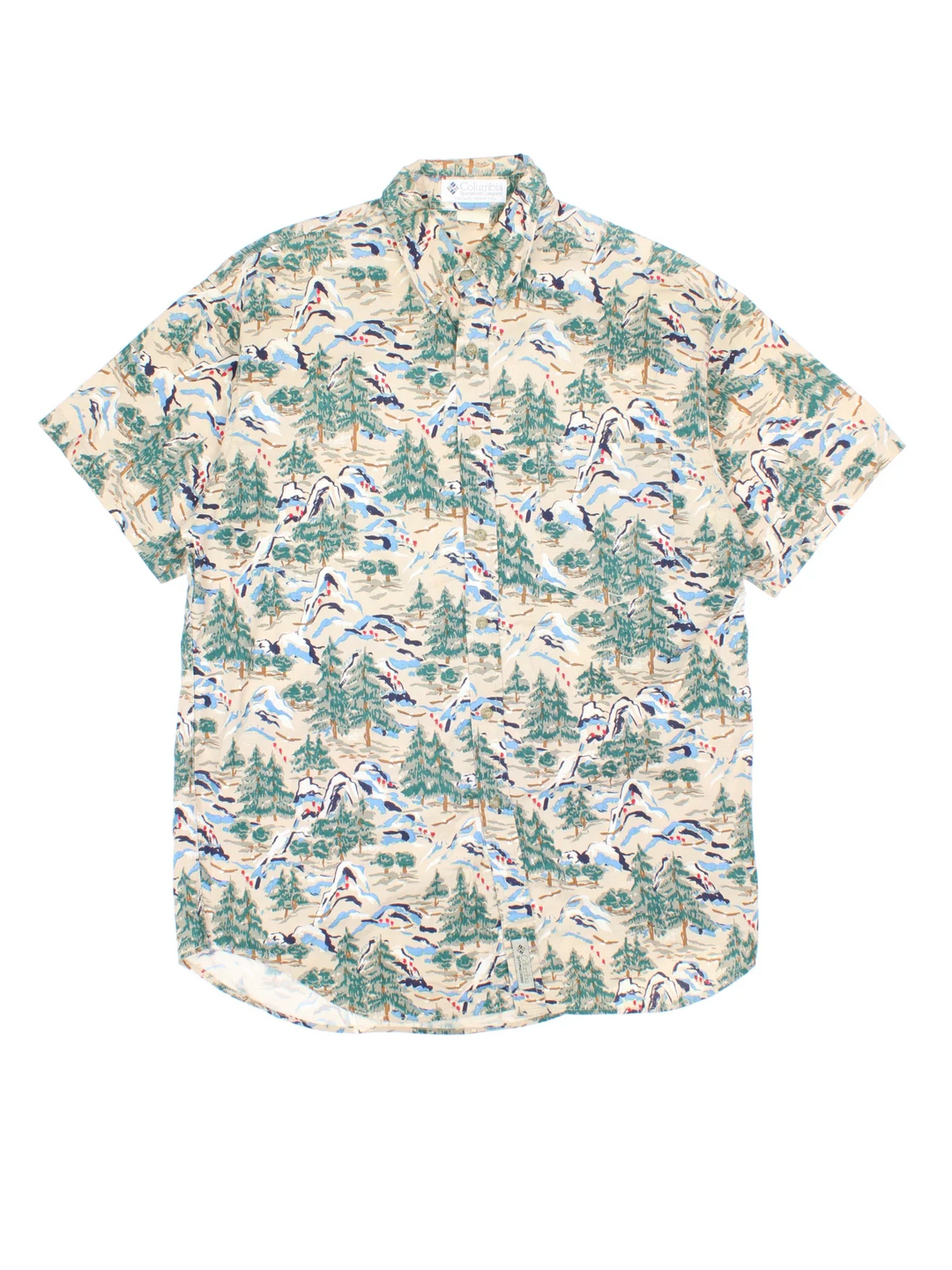 Columbia Mountain Shirt in a tan colourway with mountain print graphic all over, button up and has a chest pocket.