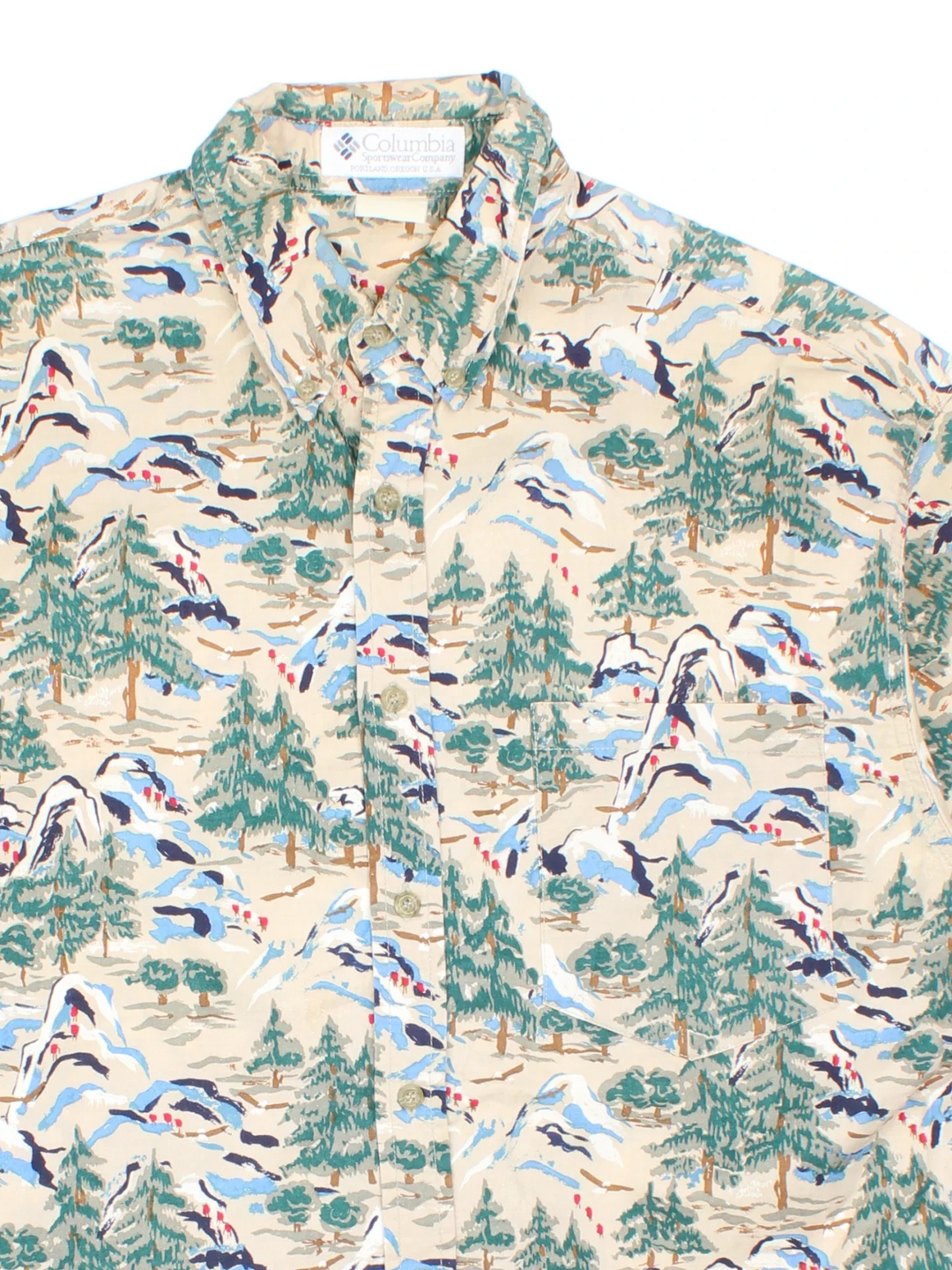 Columbia Mountain Shirt in a tan colourway with mountain print graphic all over, button up and has a chest pocket.