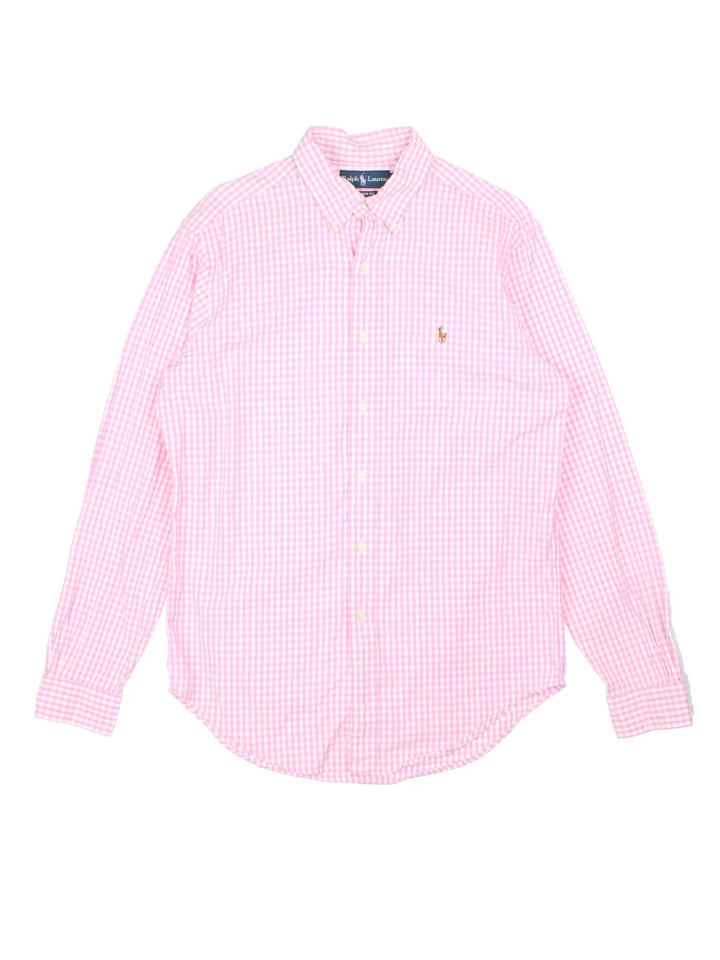 Ralph Lauren Shirt in a pink and white checked colourway, button up with the logo embroidered on the front.