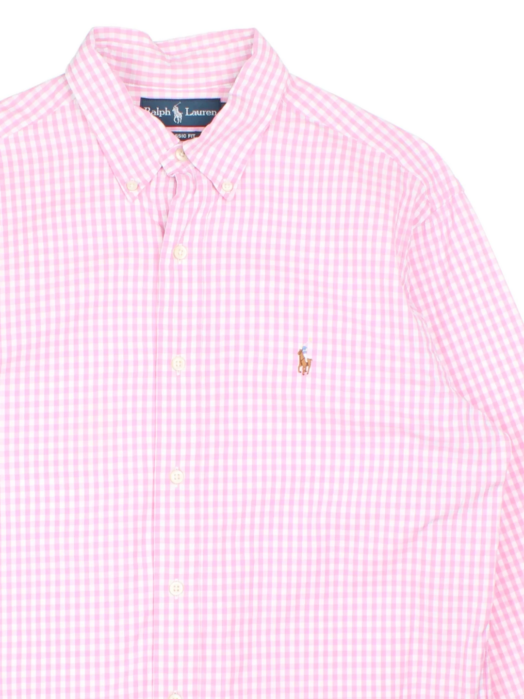 Ralph Lauren Shirt in a pink and white checked colourway, button up with the logo embroidered on the front.