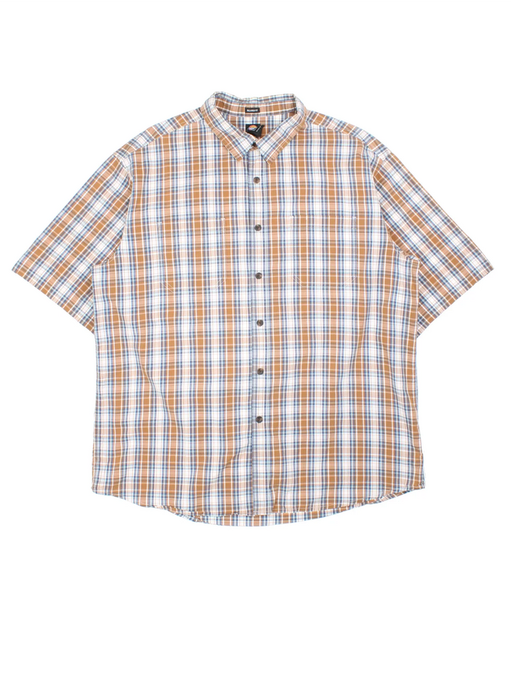 Dickies Shirt in a brown, blue and white plaid pattern colourway, button up and has double chest pockets.