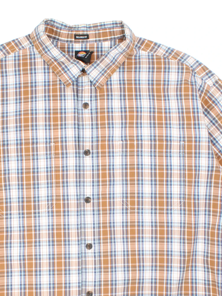 Dickies Shirt in a brown, blue and white plaid pattern colourway, button up and has double chest pockets.