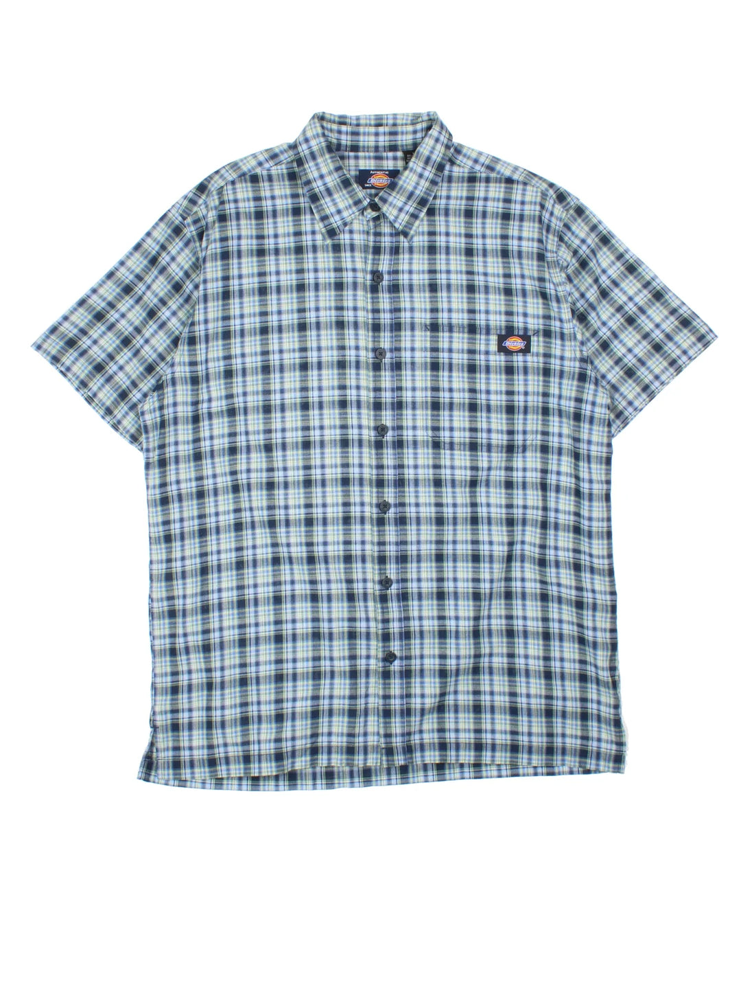 Dickies Shirt in a blue and green plaid pattern colourway, button up and has a chest pocket with the logo embroidered on the front.
