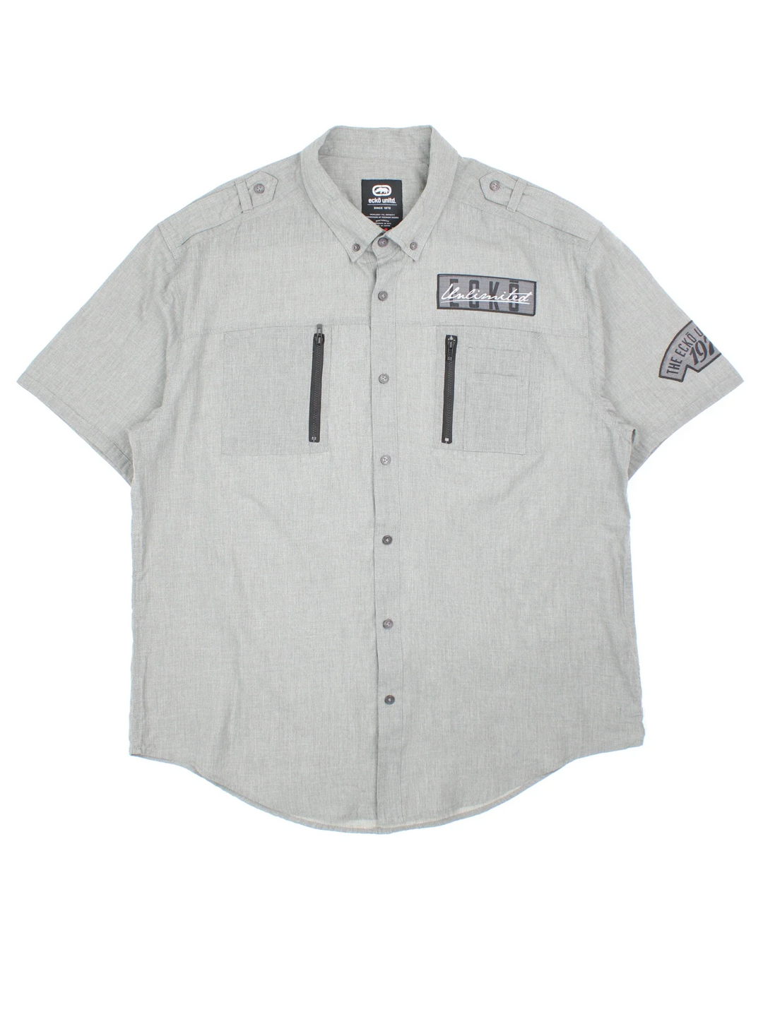 Ecko Unltd Tech Shirt in a grey colourway, button up and has double chest utility style pockets with the logo embroidered on the front and left sleeve.