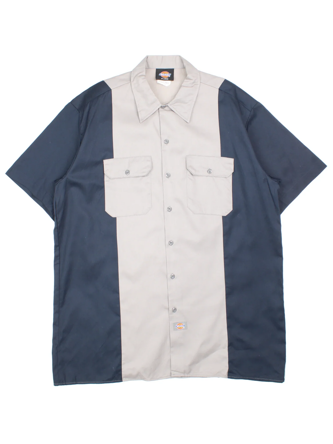 Dickies Two Tone Work Shirt in a grey and blue colourway, button up with double chest pockets and the logo embroidered by the hem.