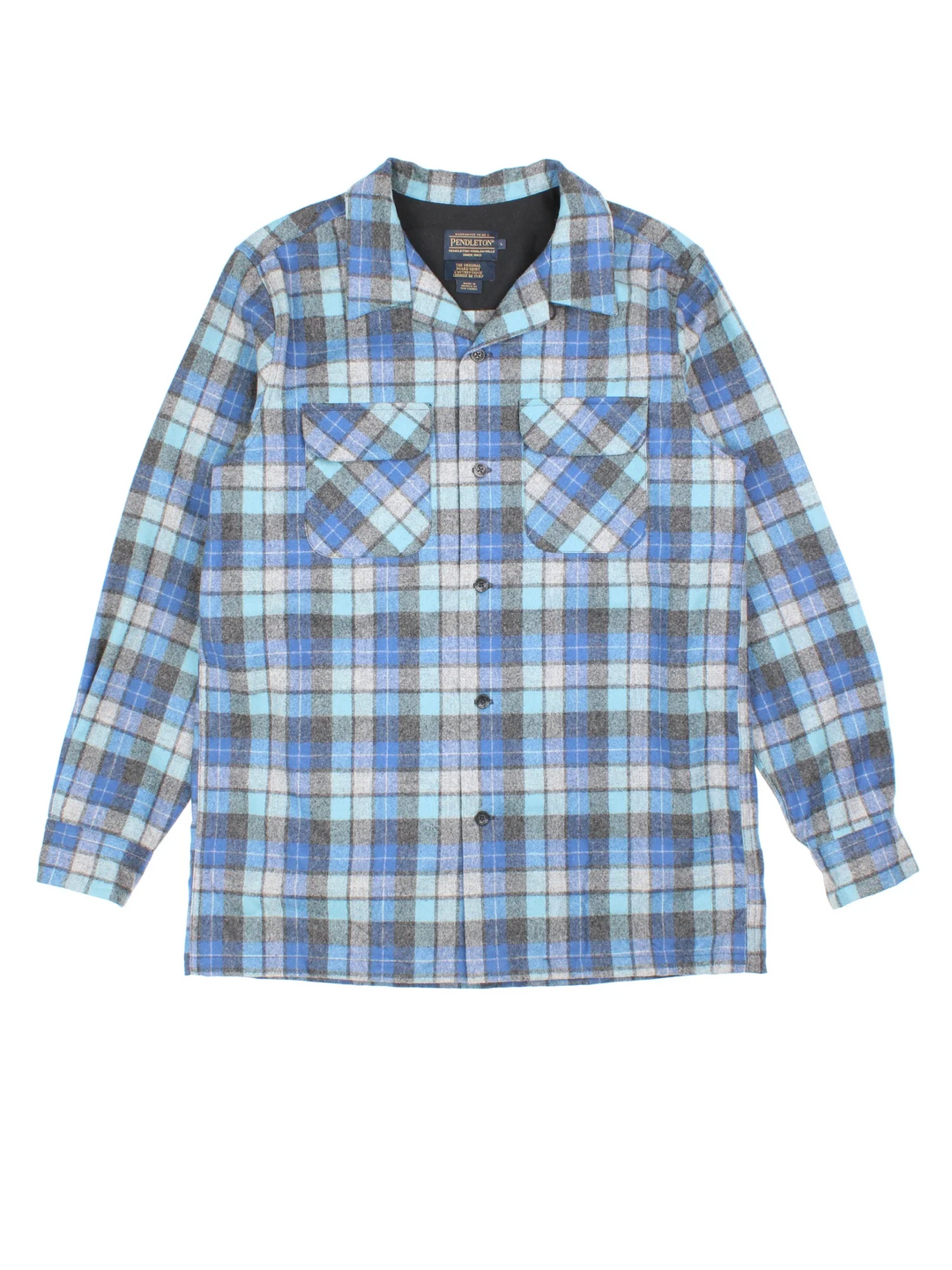 Pendleton Woollen Flannel Shirt in a blue colourway, button up with two front pockets and all over checked pattern.