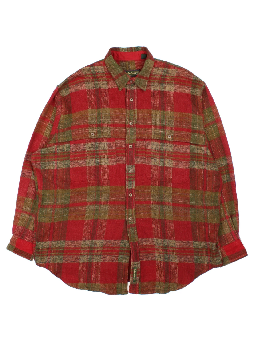 Timberland Flannel Shirt in a red/green colourway. All over checked pattern, button up with x2 pockets on the front.