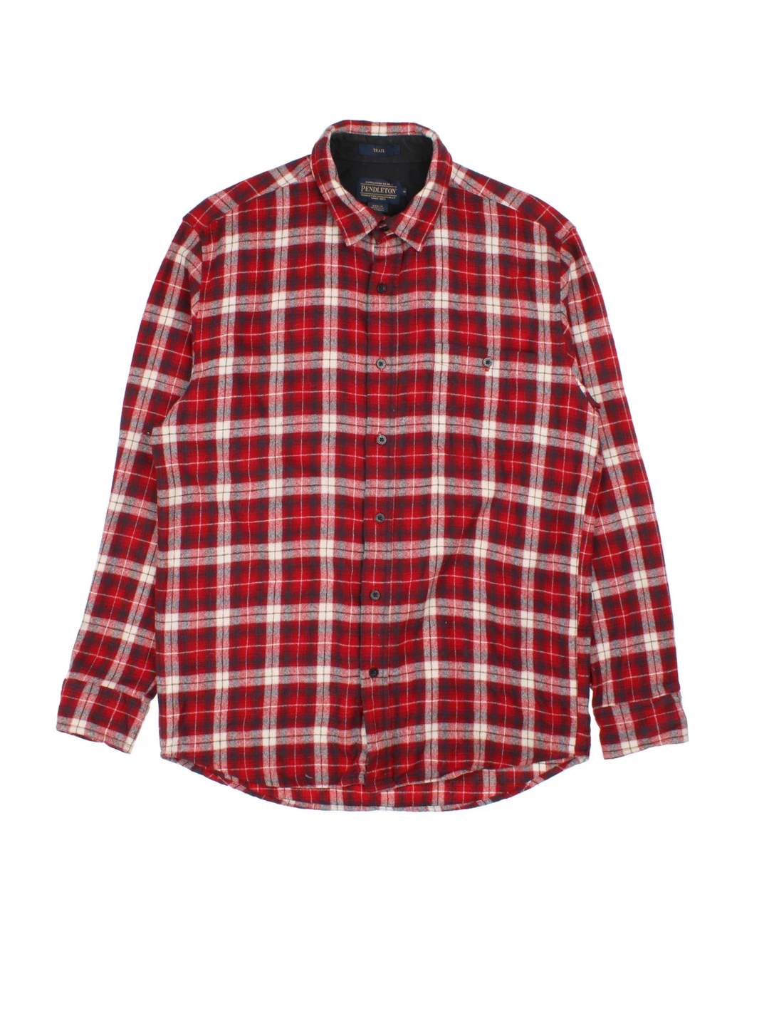 Pendleton Woollen Flannel Shirt in a red colourway. All over checked pattern, button up with front pocket and elbow patches.