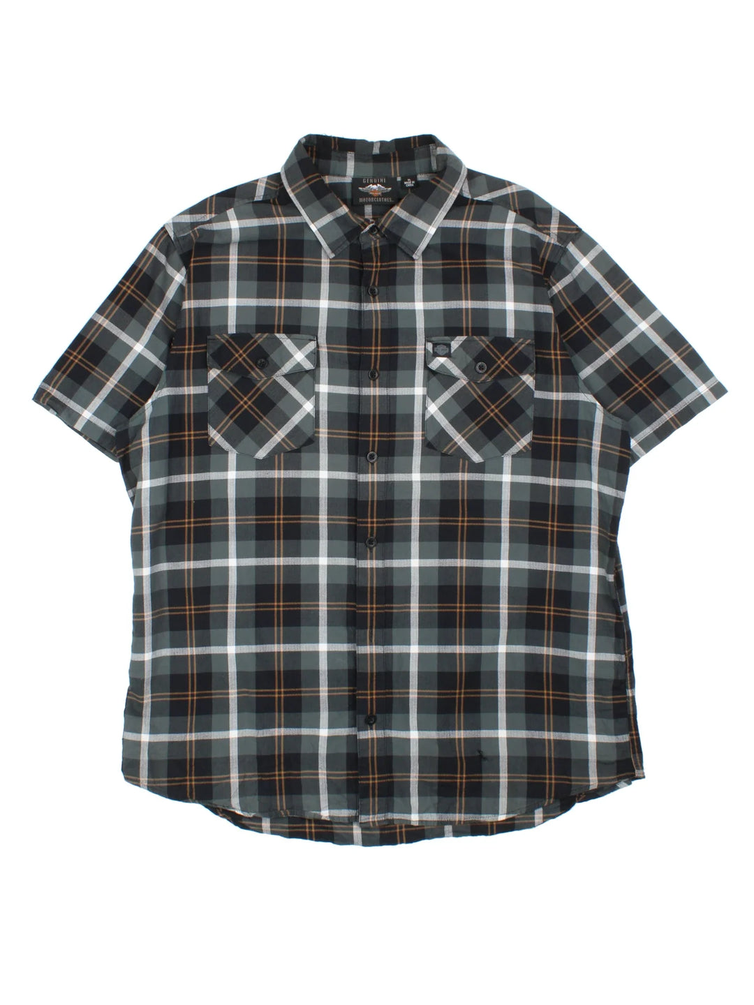Harley-Davidson Shirt in a grey/black colourway. All over checked pattern, button up with x2 front pockets, embroidered branded tab on front.