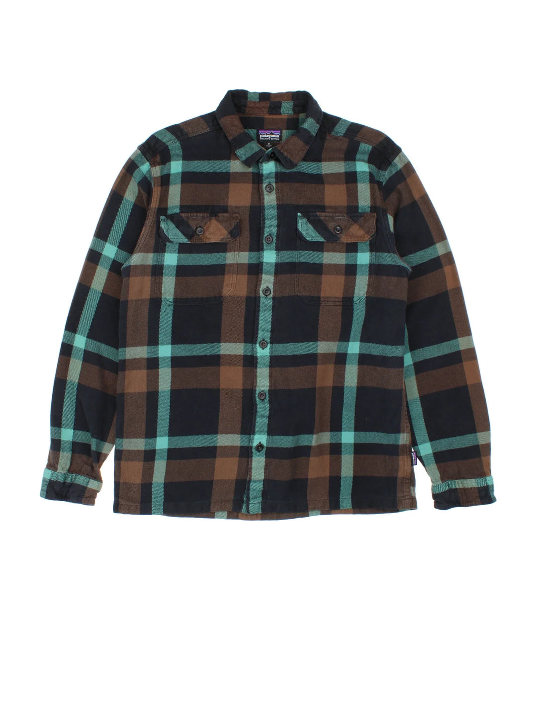 Patagonia Flannel Shirt in a blue/brown colourway. All over checked pattern, button up with x2 front pockets.