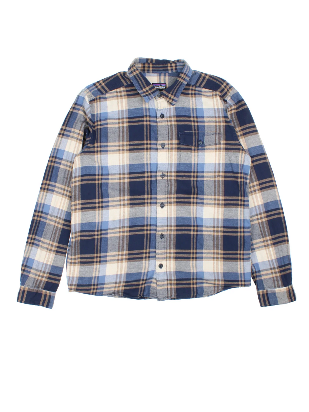Patagonia Shirt in a blue plaid pattern colourway. Button up closures with x2 front pockets and side tab branding.