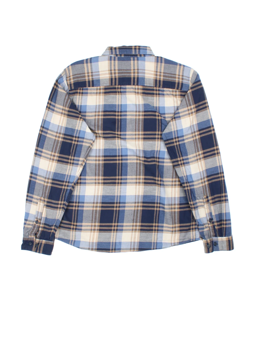Patagonia Shirt in a blue plaid pattern colourway. Button up closures with x2 front pockets and side tab branding.
