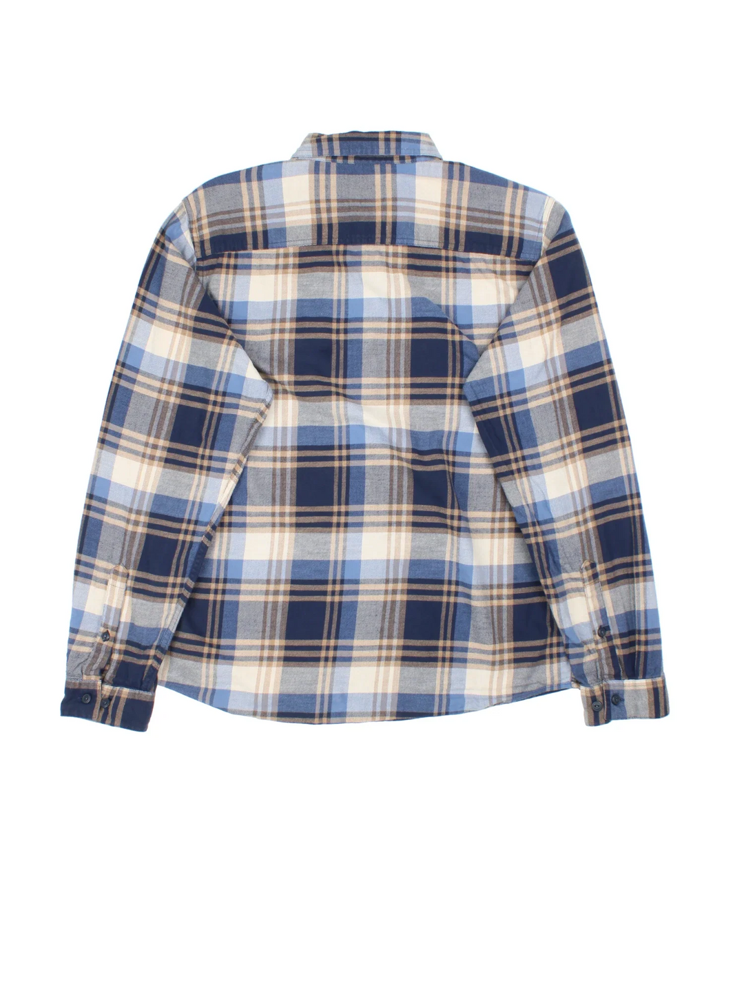 Patagonia Shirt in a blue plaid pattern colourway. Button up closures with x2 front pockets and side tab branding.
