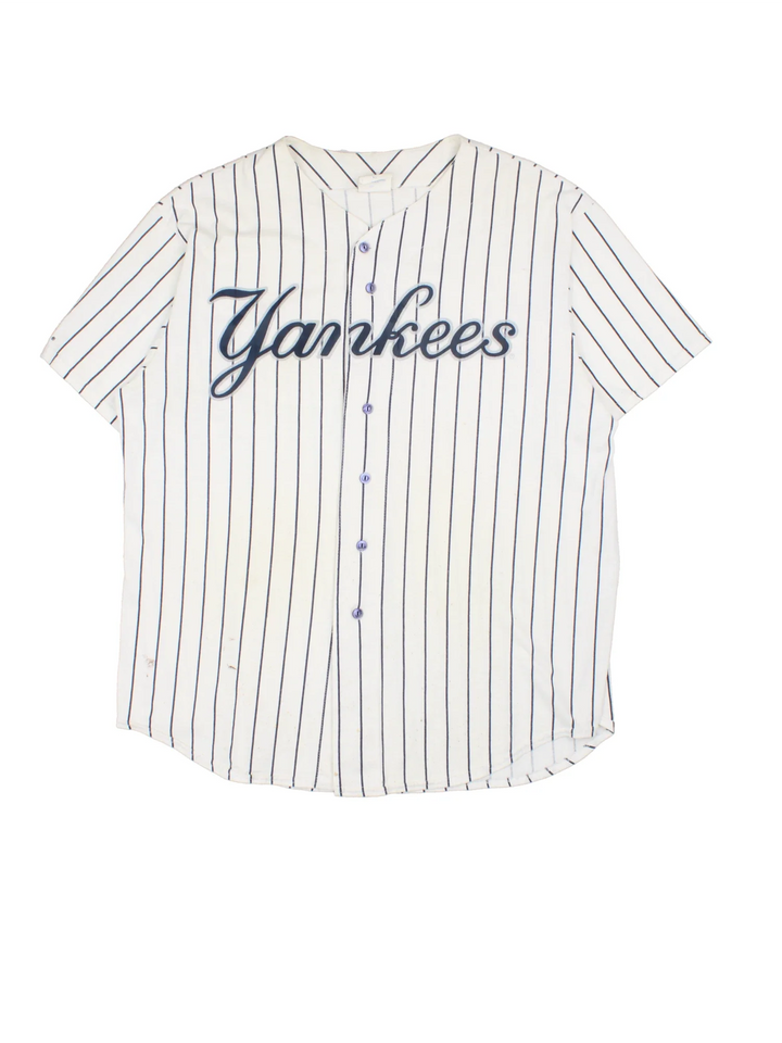 Vintage Majestic New York Yankees MLB Baseball Shirt in a white colourway with blue stripes. Button up with branding on front and sleeve.