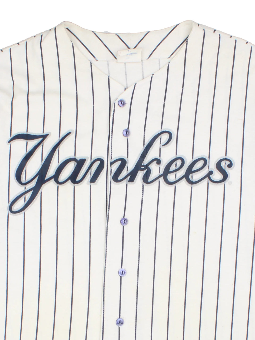 Vintage Majestic New York Yankees MLB Baseball Shirt in a white colourway with blue stripes. Button up with branding on front and sleeve.
