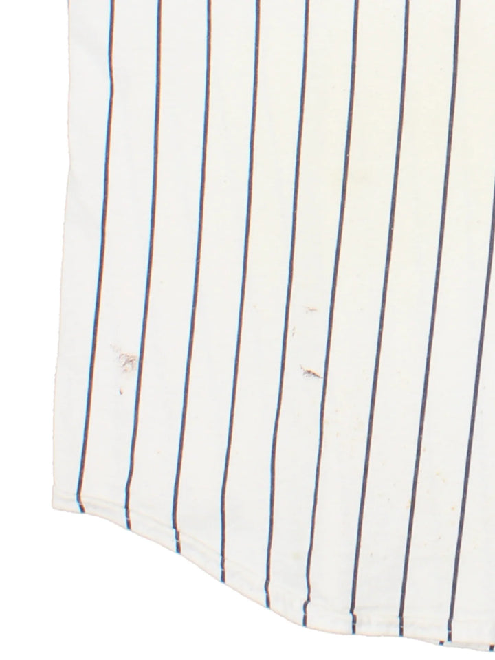 Vintage Majestic New York Yankees MLB Baseball Shirt in a white colourway with blue stripes. Button up with branding on front and sleeve.