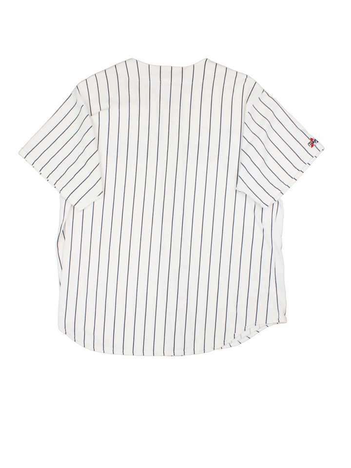 Vintage Majestic New York Yankees MLB Baseball Shirt in a white colourway with blue stripes. Button up with branding on front and sleeve.