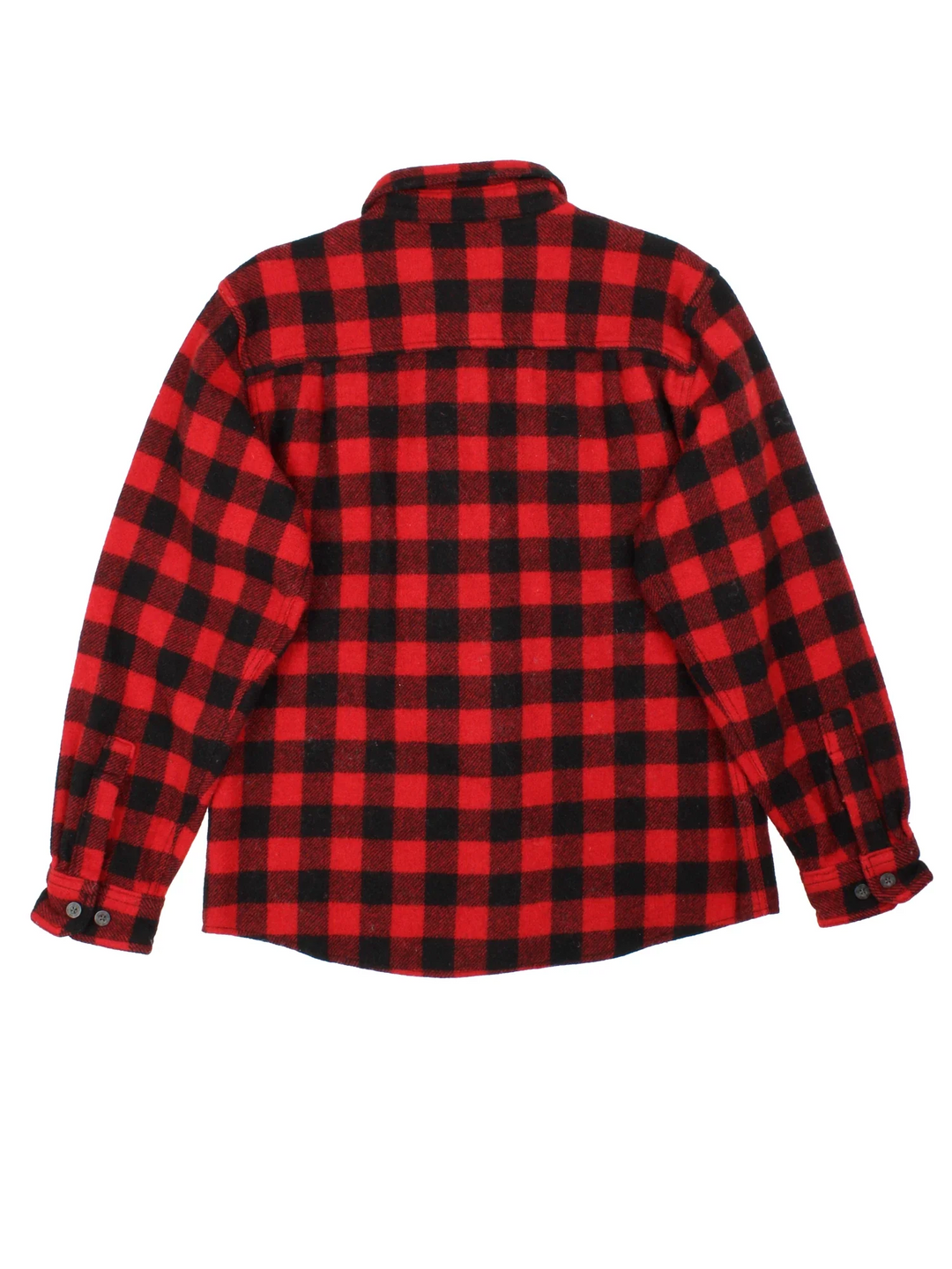 Woolrich Flannel Shirt in a red and black colourway with all over plaid pattern. button up with two pockets on the front.