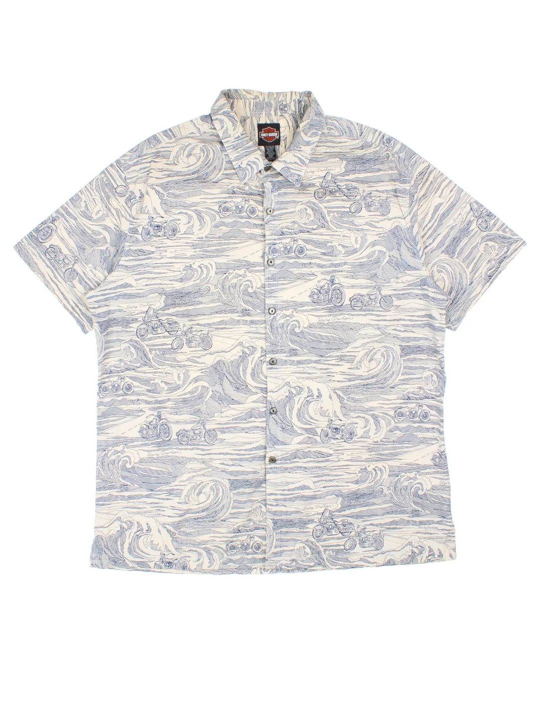 Harley-Davidson Shirt in a white and blue colourway, button up with front pocket and all over motorcycle and wave print. Harley-Davidson detailing on the buttons.