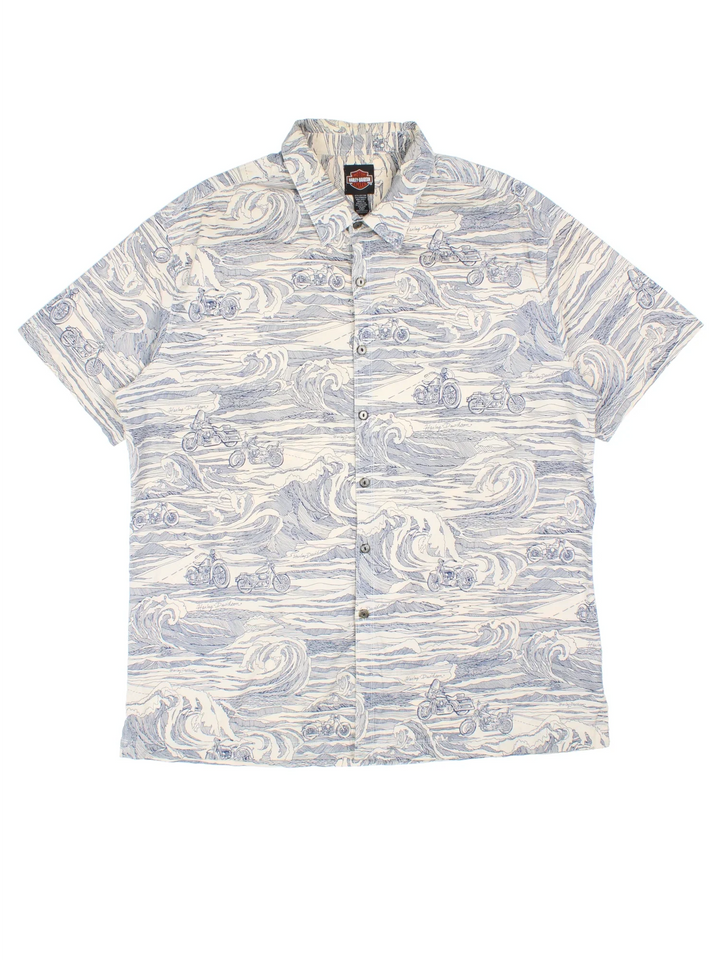 Harley-Davidson Shirt in a white and blue colourway, button up with front pocket and all over motorcycle and wave print. Harley-Davidson detailing on the buttons.