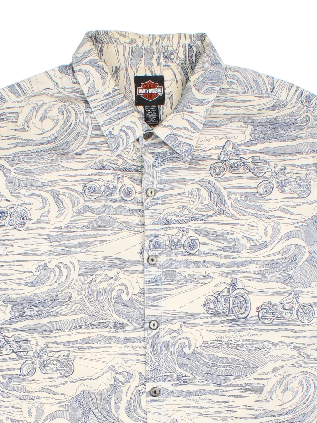 Harley-Davidson Shirt in a white and blue colourway, button up with front pocket and all over motorcycle and wave print. Harley-Davidson detailing on the buttons.