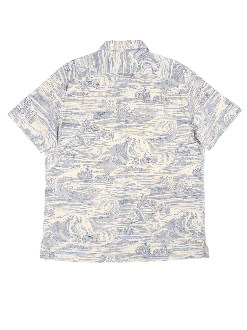 Harley-Davidson Shirt in a white and blue colourway, button up with front pocket and all over motorcycle and wave print. Harley-Davidson detailing on the buttons.