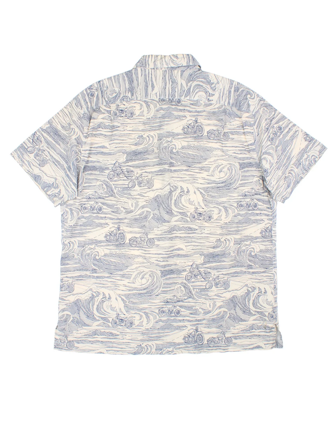 Harley-Davidson Shirt in a white and blue colourway, button up with front pocket and all over motorcycle and wave print. Harley-Davidson detailing on the buttons.