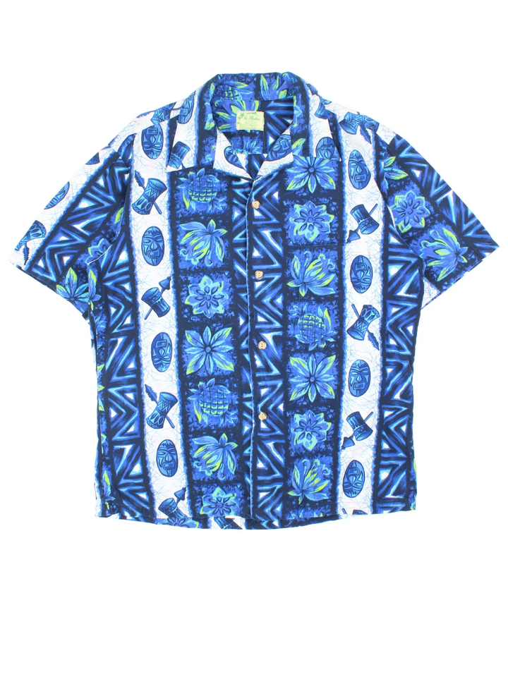 Vintage Hawaiian Shirt in a blue colourway, button up with front pocket and all over classic hawaiian floral print. 