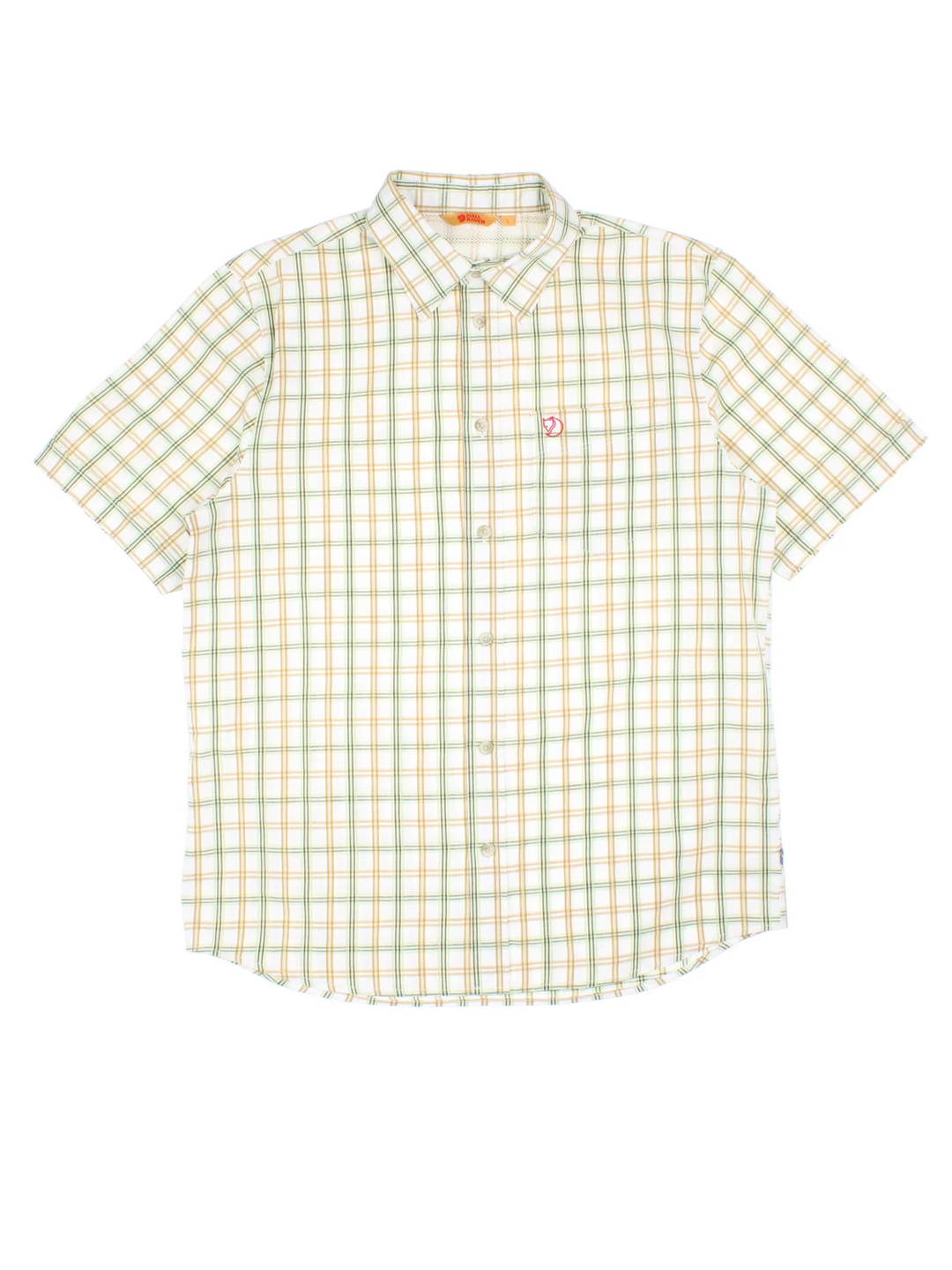 Fjallraven Shirt in a white plaid pattern colourway, button up and has a chest pocket with the logo embroidered on the front.