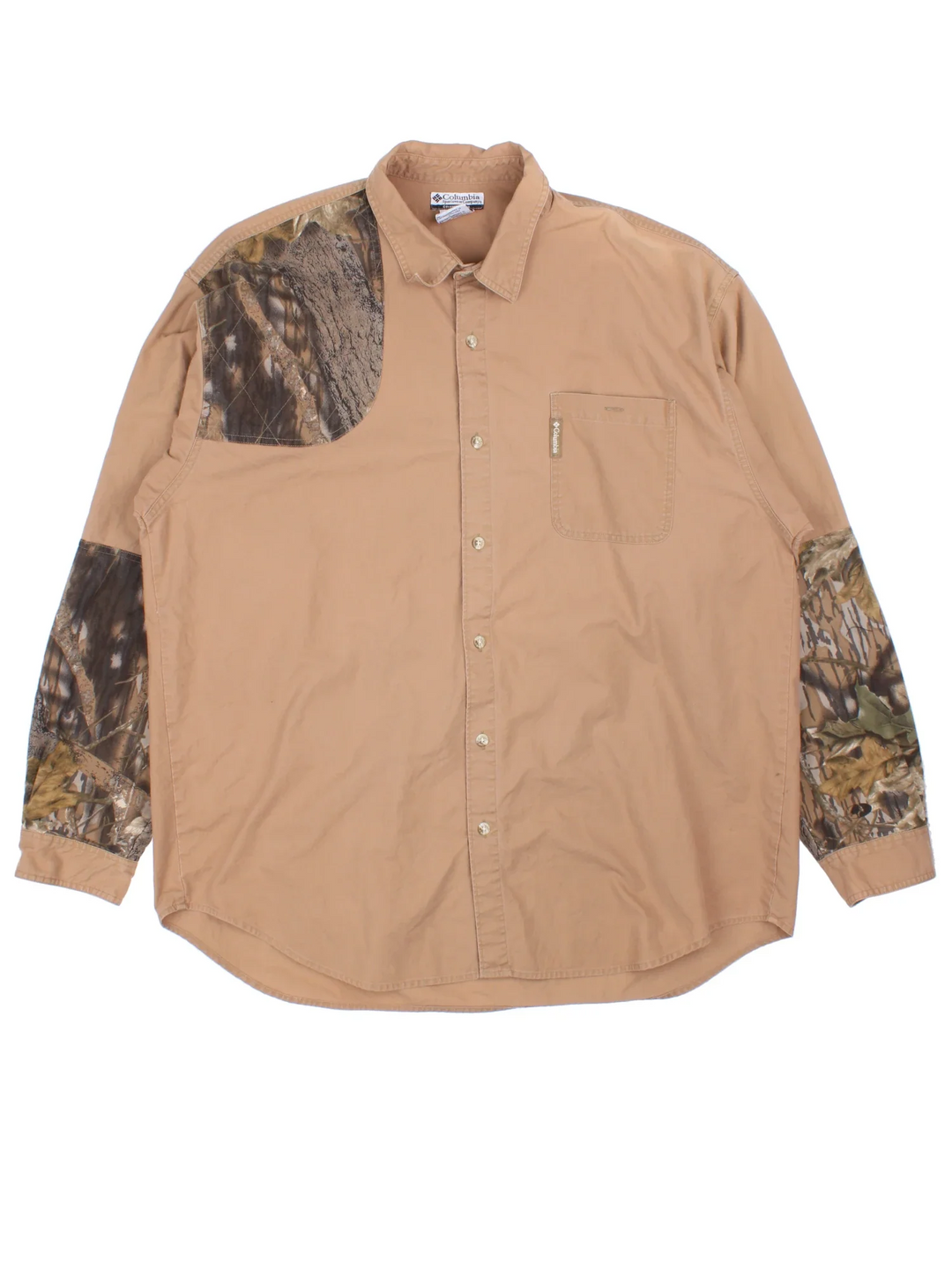 Columbia Hunting Shirt in a tan colourway with camo shoulder and arm paneling, button up and has a chest pocket with the logo embroidered on the front.