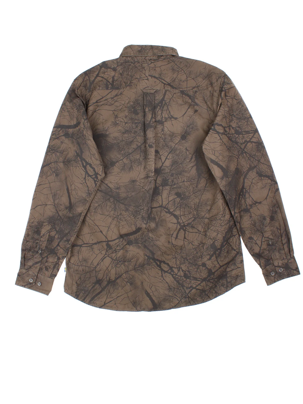 Fjallraven G-1000 Varmland Shirt in a brown colourway with all over tree style pattern, button up with double chest pocket and the logo embroidered on the left sleeve.