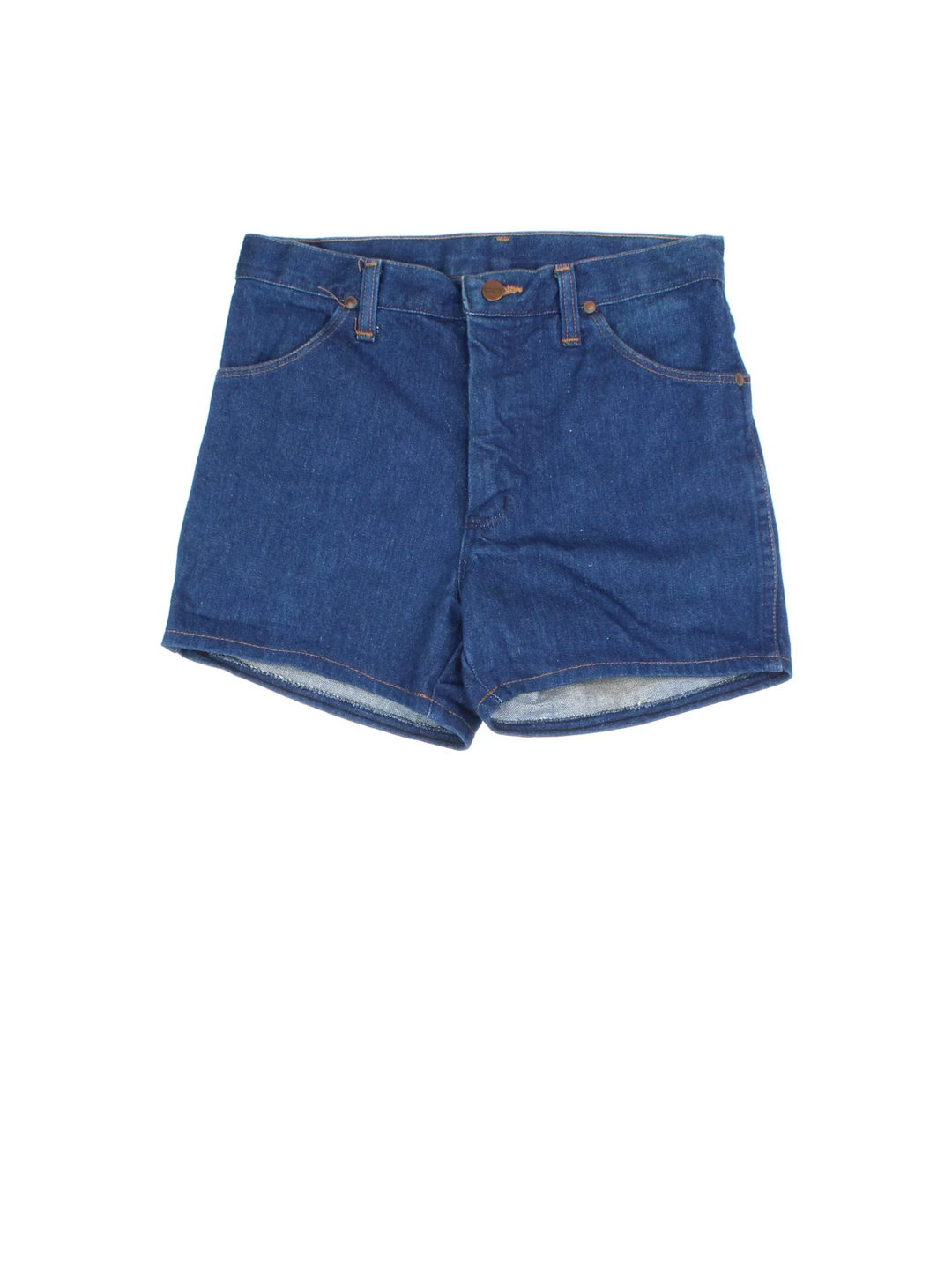Wrangler Denim Mini Shorts in a blue colourway with multiple pockets, and the logo embroidered on the back.
