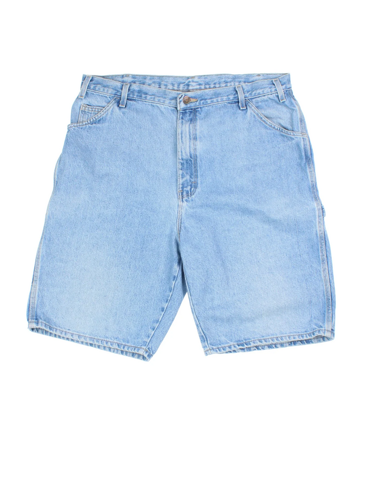 Dickies Jorts in a blue denim colourway with multiple pockets, and the logo embroidered on the back.
