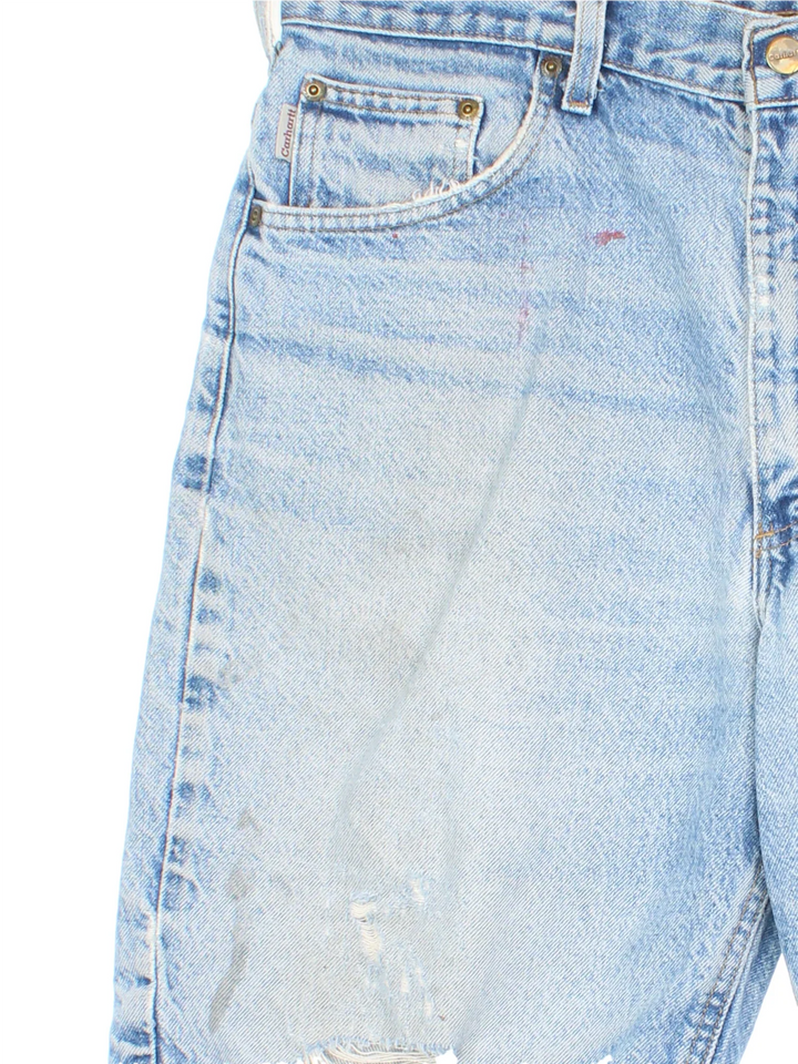 Vintage Carhartt Distressed Denim Shorts in blue colourway with multiple pockets and the logo embroidered on the back.