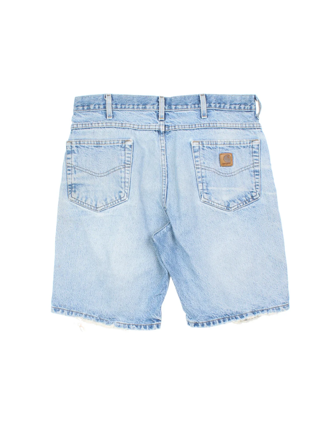 Vintage Carhartt Distressed Denim Shorts in blue colourway with multiple pockets and the logo embroidered on the back.