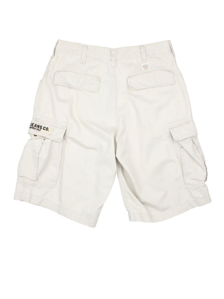 Vintage Ralph Lauren Cargo Shorts in white colourway. Multiple pockets, zip fastening and logo embroidered on the front and back.