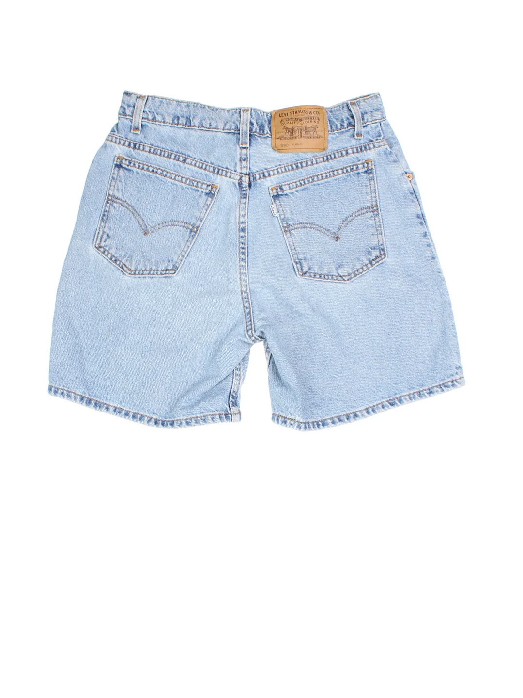 Vintage Levi Strauss Denim Shorts in blue colourway. Zip button fastening, multiple pockets and leather patch/tab branding on back.