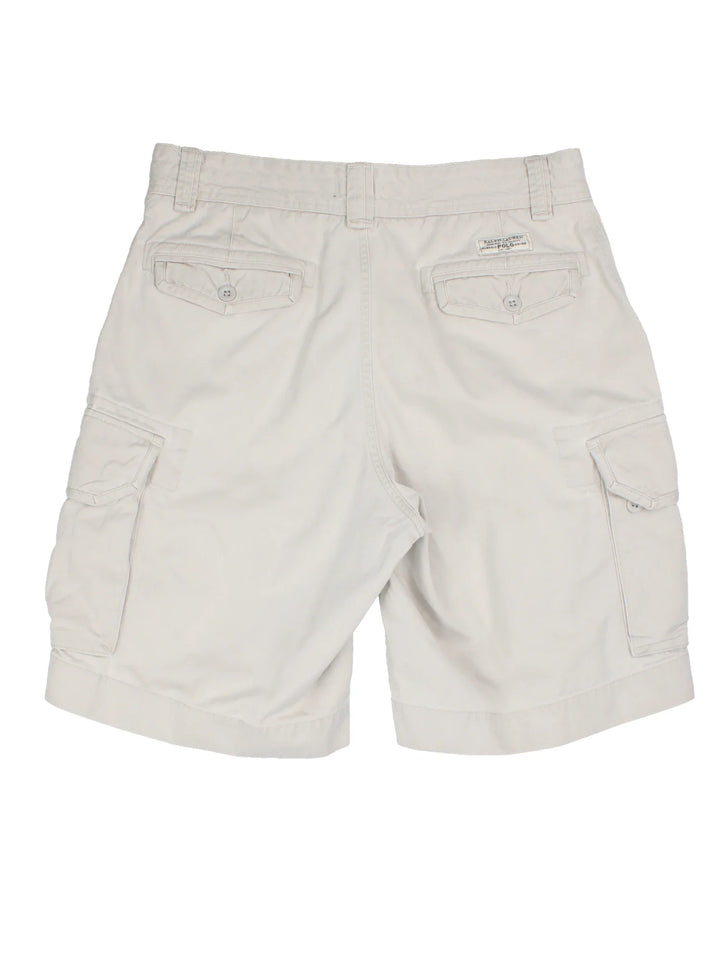 Vintage Ralph Lauren Cargo Shorts in tan colourway. Zip button fastening, multiple pockets and embroidered branding on back.